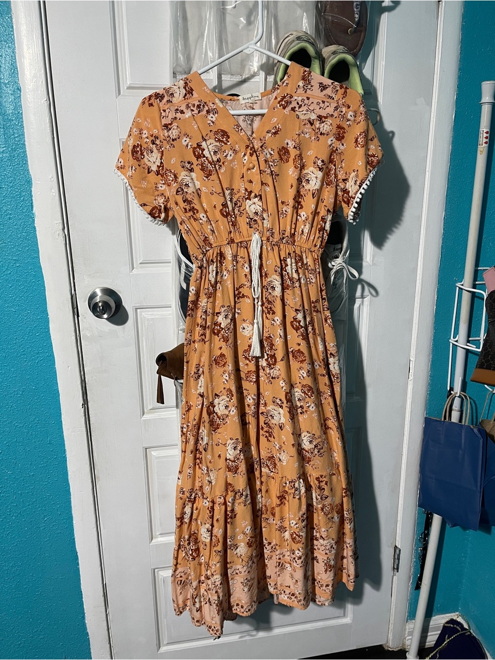 Mustard Floral Tie-Waist Midi Dress
